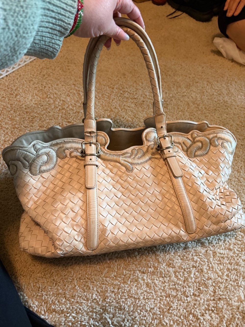 Bottega Veneta Beige Woven Leather Tote with Embroidered Trim
